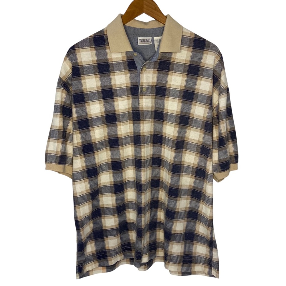 Vintage 90s Bugle Boy Plaid Polo Shirt Large Blue Tan